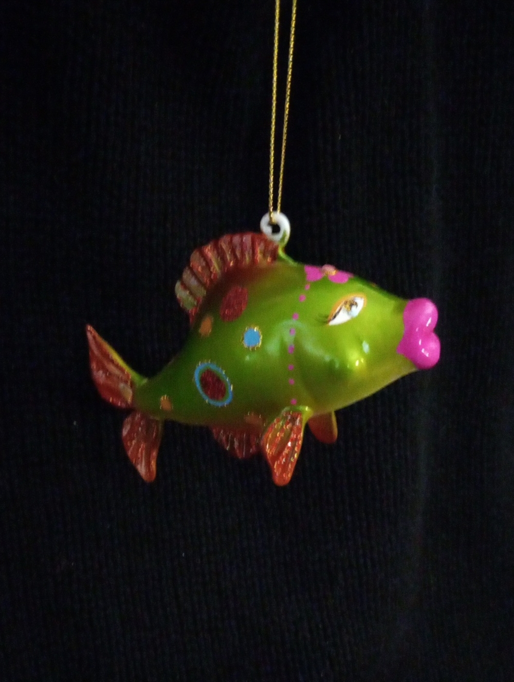 Green Decorative Glass Fish Holiday Ornament with Polka Dot And Glitter Accents